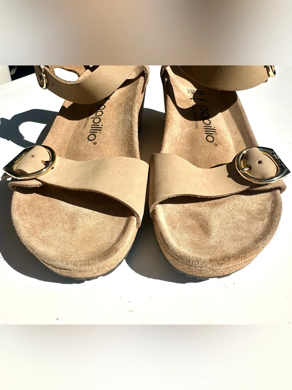 New Birkenstock Papillio Soley Ring Buckle Cork Wedge Sandals Beige 39 8-8.5